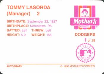 1993 Mother's Cookies Los Angeles Dodgers #1 Tommy Lasorda Back