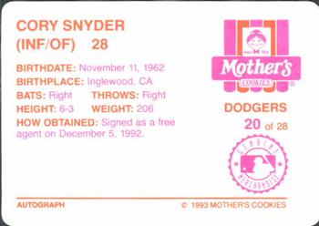 1993 Mother's Cookies Los Angeles Dodgers #20 Cory Snyder Back