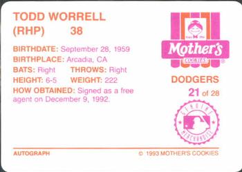 1993 Mother's Cookies Los Angeles Dodgers #21 Todd Worrell Back