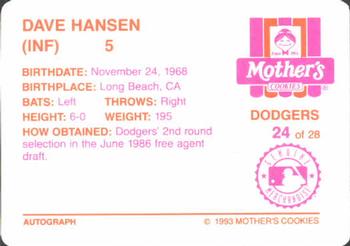 1993 Mother's Cookies Los Angeles Dodgers #24 Dave Hansen Back