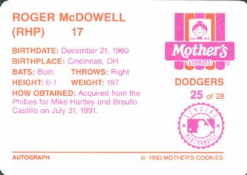 1993 Mother's Cookies Los Angeles Dodgers #25 Roger McDowell Back