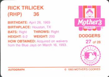 1993 Mother's Cookies Los Angeles Dodgers #27 Rick Trlicek Back