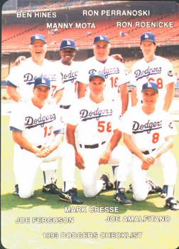 1993 Mother's Cookies Los Angeles Dodgers #28 Coaches & Checklist (Ben Hines / Manny Mota / Ron Perranoski / Ron Roenicke / Joe Ferguson / Mark Cresse / Joe Amalfitano) Front