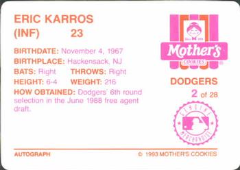 1993 Mother's Cookies Los Angeles Dodgers #2 Eric Karros Back