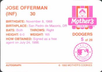 1993 Mother's Cookies Los Angeles Dodgers #5 Jose Offerman Back