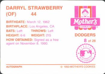 1993 Mother's Cookies Los Angeles Dodgers #8 Darryl Strawberry Back