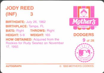 1993 Mother's Cookies Los Angeles Dodgers #9 Jody Reed Back