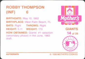 1993 Mother's Cookies San Francisco Giants #14 Robby Thompson Back