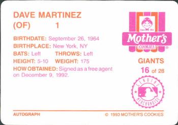 1993 Mother's Cookies San Francisco Giants #16 Dave Martinez Back