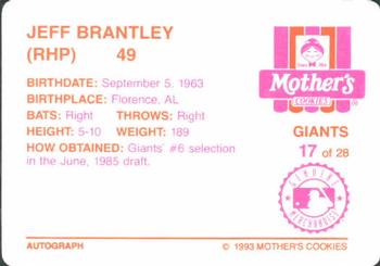 1993 Mother's Cookies San Francisco Giants #17 Jeff Brantley Back
