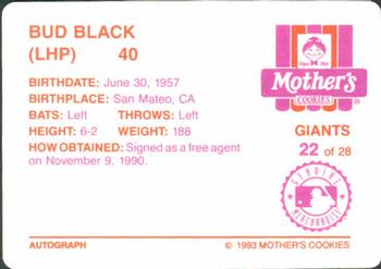 1993 Mother's Cookies San Francisco Giants #22 Bud Black Back