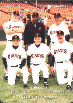 1993 Mother's Cookies San Francisco Giants #28 Coaches & Checklist (Dick Pole / Bobby Bonds / Denny Sommers / Wendell Kim / Bob Lillis / Bob Brenly) Front