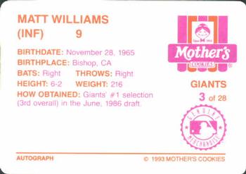 1993 Mother's Cookies San Francisco Giants #3 Matt Williams Back