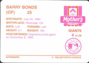 1993 Mother's Cookies San Francisco Giants #4 Barry Bonds Back