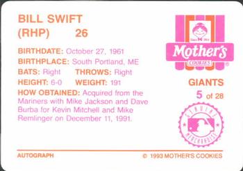 1993 Mother's Cookies San Francisco Giants #5 Bill Swift Back