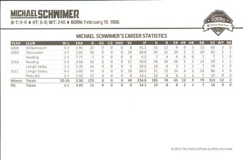 2012 Philadelphia Phillies Photocards 2nd Edition #33 Michael Schwimer Back