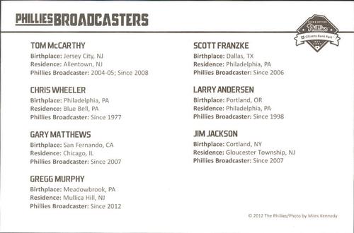 2012 Philadelphia Phillies Photocards 2nd Edition #39 Phillies Broadcasters (Tom McCarthy / Chris Wheeler / Gary Matthews / Gregg Murphy / Scott Franzke / Larry Andersen / Jim Jackson) Back