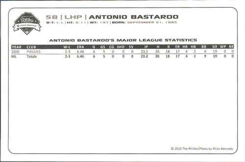2010 Philadelphia Phillies Photocards 2nd Edition #2 Antonio Bastardo Back