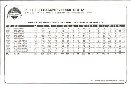 2010 Philadelphia Phillies Photocards 2nd Edition #32 Brian Schneider Back