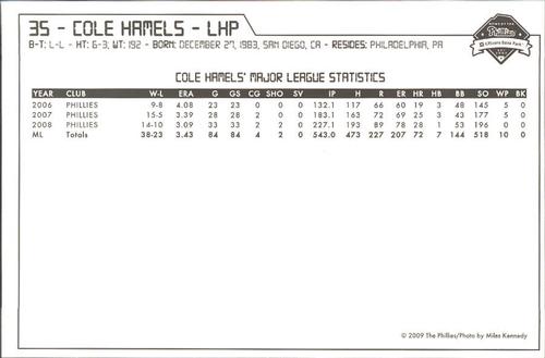 2009 Philadelphia Phillies Photocards #12 Cole Hamels Back