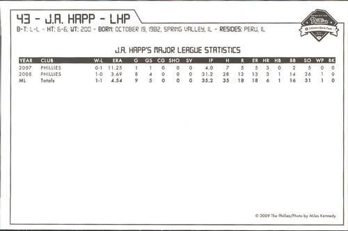 2009 Philadelphia Phillies Photocards #13 J.A. Happ Back