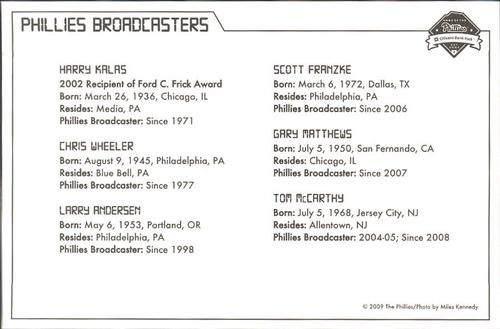 2009 Philadelphia Phillies Photocards #36 Phillies Broadcasters (Tom McCarthy / Gary Matthews / Chris Wheeler / Harry Kalas / Larry Andersen / Scott Franzke) Back