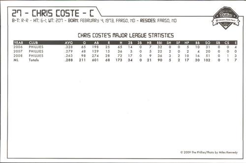 2009 Philadelphia Phillies Photocards #5 Chris Coste Back
