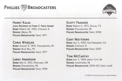 2008 Philadelphia Phillies Photocards #NNO Phillies Broadcasters (Gary Matthews / Chris Wheeler / Larry Andersen / Scott Franzke / Harry Kalas / Tom McCarthy) Back