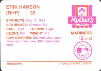 1993 Mother's Cookies Seattle Mariners #12 Erik Hanson Back