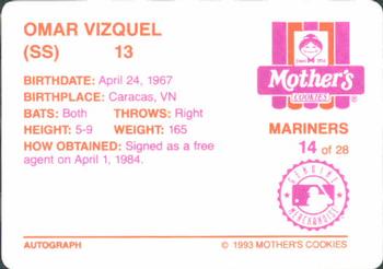 1993 Mother's Cookies Seattle Mariners #14 Omar Vizquel Back