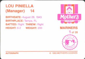 1993 Mother's Cookies Seattle Mariners #1 Lou Piniella Back