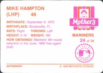 1993 Mother's Cookies Seattle Mariners #24 Mike Hampton Back