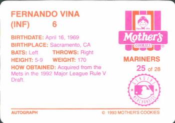 1993 Mother's Cookies Seattle Mariners #25 Fernando Vina Back