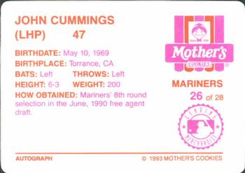 1993 Mother's Cookies Seattle Mariners #26 John Cummings Back