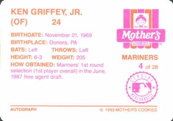1993 Mother's Cookies Seattle Mariners #4 Ken Griffey Jr. Back