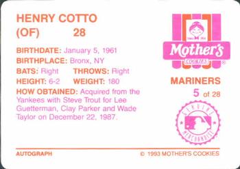 1993 Mother's Cookies Seattle Mariners #5 Henry Cotto Back