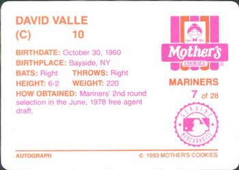 1993 Mother's Cookies Seattle Mariners #7 Dave Valle Back