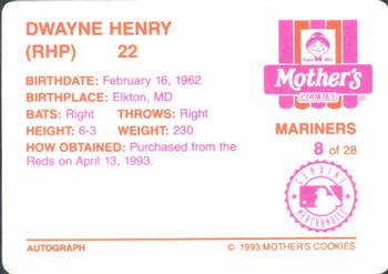 1993 Mother's Cookies Seattle Mariners #8 Dwayne Henry Back