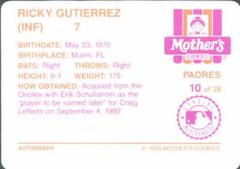 1993 Mother's Cookies San Diego Padres #10 Ricky Gutierrez Back