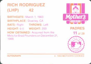 1993 Mother's Cookies San Diego Padres #11 Rich Rodriguez Back
