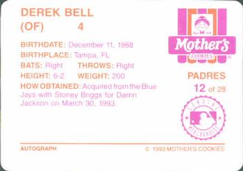 1993 Mother's Cookies San Diego Padres #12 Derek Bell Back