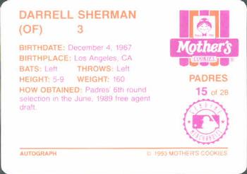 1993 Mother's Cookies San Diego Padres #15 Darrell Sherman Back