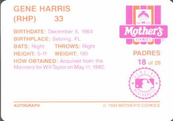 1993 Mother's Cookies San Diego Padres #18 Gene Harris Back