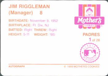1993 Mother's Cookies San Diego Padres #1 Jim Riggleman Back
