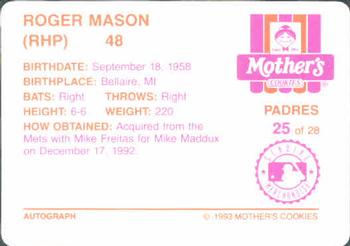 1993 Mother's Cookies San Diego Padres #25 Roger Mason Back