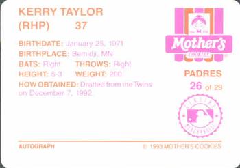 1993 Mother's Cookies San Diego Padres #26 Kerry Taylor Back