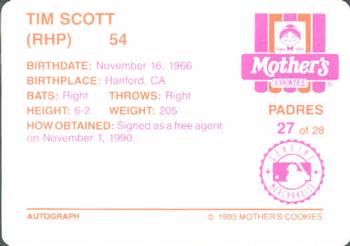 1993 Mother's Cookies San Diego Padres #27 Tim Scott Back