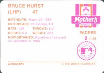 1993 Mother's Cookies San Diego Padres #9 Bruce Hurst Back