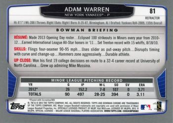 2013 Bowman Chrome - X-Fractors #81 Adam Warren Back