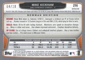 2013 Bowman Chrome - Yellow Refractors #216 Mike Kickham Back